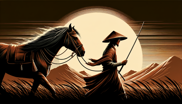 夕阳下，一位头戴斗笠、肩上背把剑的男人，牵着一头骏马