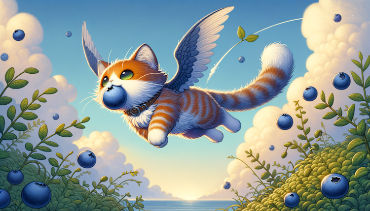 天空中，一只会飞的小猫叼着一颗小蓝莓，插画