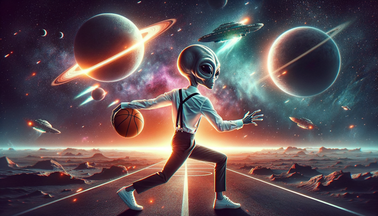 宇宙星球大战，外星人穿着白衬衣和黑色背带裤，背对着拿着篮球扭动身体