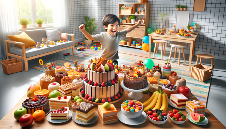 小男孩在房间里玩，房间里有很多玩具，旁边的餐桌上还有很多蛋糕和水果。