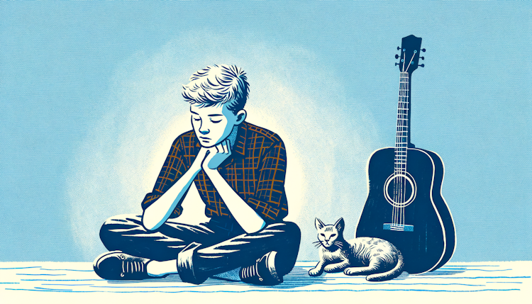 少年盘腿而坐，撑头低眉沉思，身边是一把吉他，一只猫趴在他的肩膀上