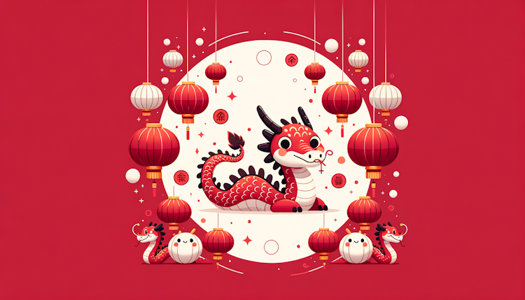 新年快乐，龙年，喜庆，春节，吉祥，简约，灯笼，二次元可爱龙、圆形构图，红色系