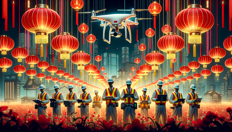 新春佳节，大红灯笼高高挂，一群测绘人穿着作业马甲，头戴白色安全帽，在飞无人机，现代城市背景，充满光芒
