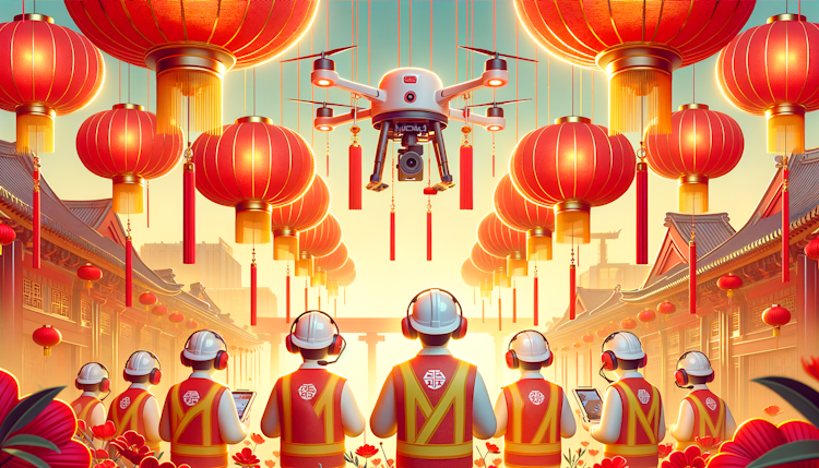 新春佳节，大红灯笼高高挂，几个测绘人在飞无人机，头戴白色安全帽，身穿作业马甲，喜庆，城市背景，3D写实