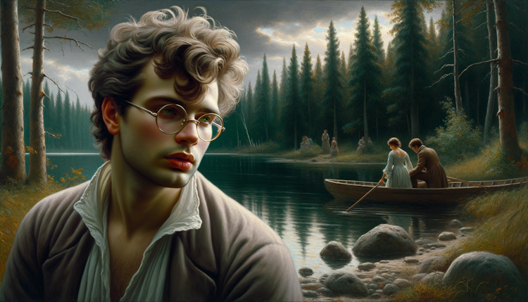 星海诚画风，一个戴着银框眼镜，头发微卷，发着高烧的27岁小胖子，在有森林的湖边，邂逅了他的爱人