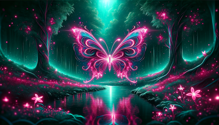 梦幻粉色荧光的蝴蝶在有水潭的绿林中