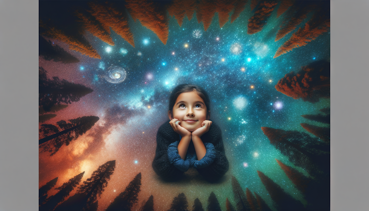 梦幻风格 森林的地面上躺在一个小女孩看着美丽的星空