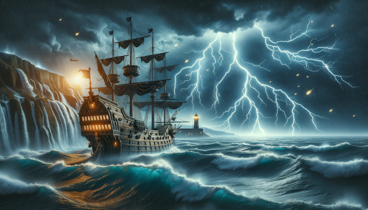 深夜的大海上，一场暴风雨正在席卷，远处一搜中世纪的木质哥特式战舰，正在汹涌的波涛上航行，远处的天空中有闪电，不远的海岸边有灯塔，气氛十分的具有史诗感