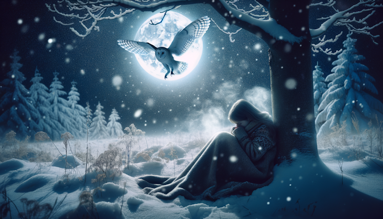 生病的女孩蜷缩在雪地里的一棵树下，一只猫头鹰飞过，月光皎洁