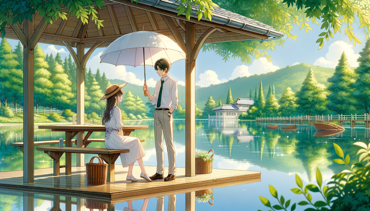 用星海诚言叶之庭的画风画一幅夏天，一对年轻的恋人在湖边小亭相遇的画面，元素包含湖，树木，绿叶，倒影，雨伞，构图采用中景
