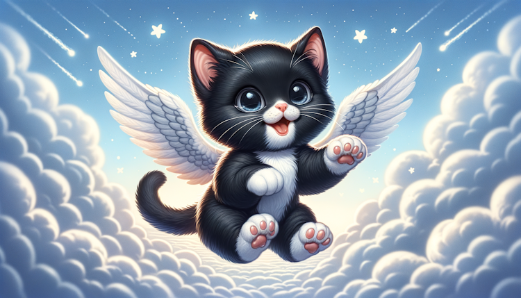 白色翅膀的小黑猫在空中快乐的飞翔