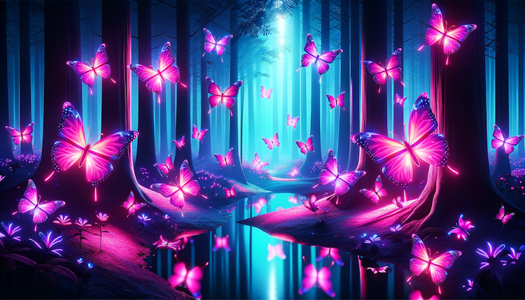 粉色和紫色荧光的蝴蝶在有水潭的深林中