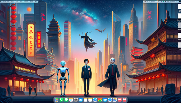 背景是中国风格的未来城市，左下角是穿着西装的男生，旁边站着AI机器人，右上角有一个飞在空中的魔法师