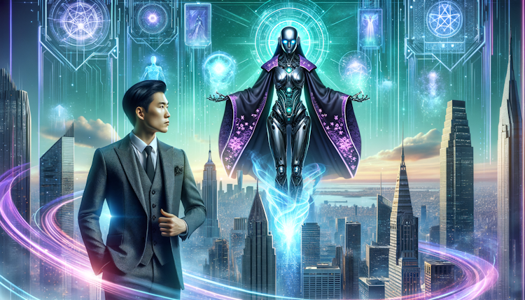 背景是未来城市，左下角是穿着西装的男生，旁边站着AI机器人，右上角有一个飞在空中的魔法师