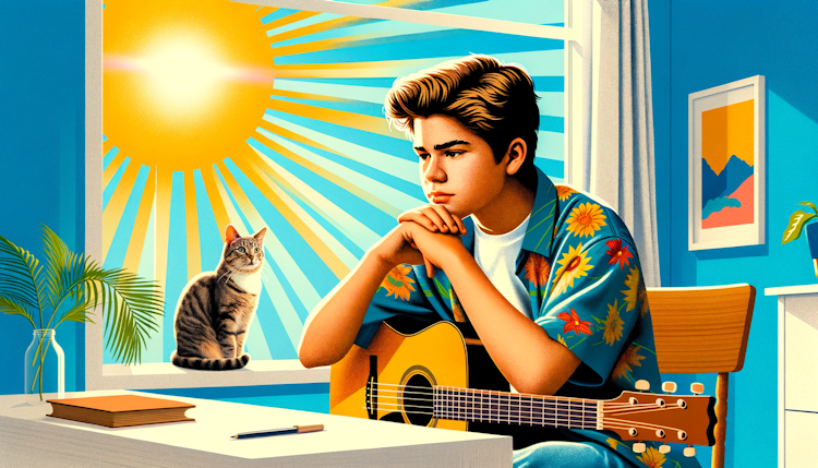 阳光明媚的房间里，少年抱着一把吉他，盘腿而坐，撑头低眉沉思，一只猫趴在他的肩膀上