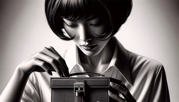 黑色短发的女士低着头，从她的包里取出一个盒子，写实风格，人物摄影