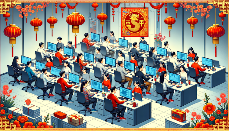 18个中国程序员在办公室加班，喜庆，新年
