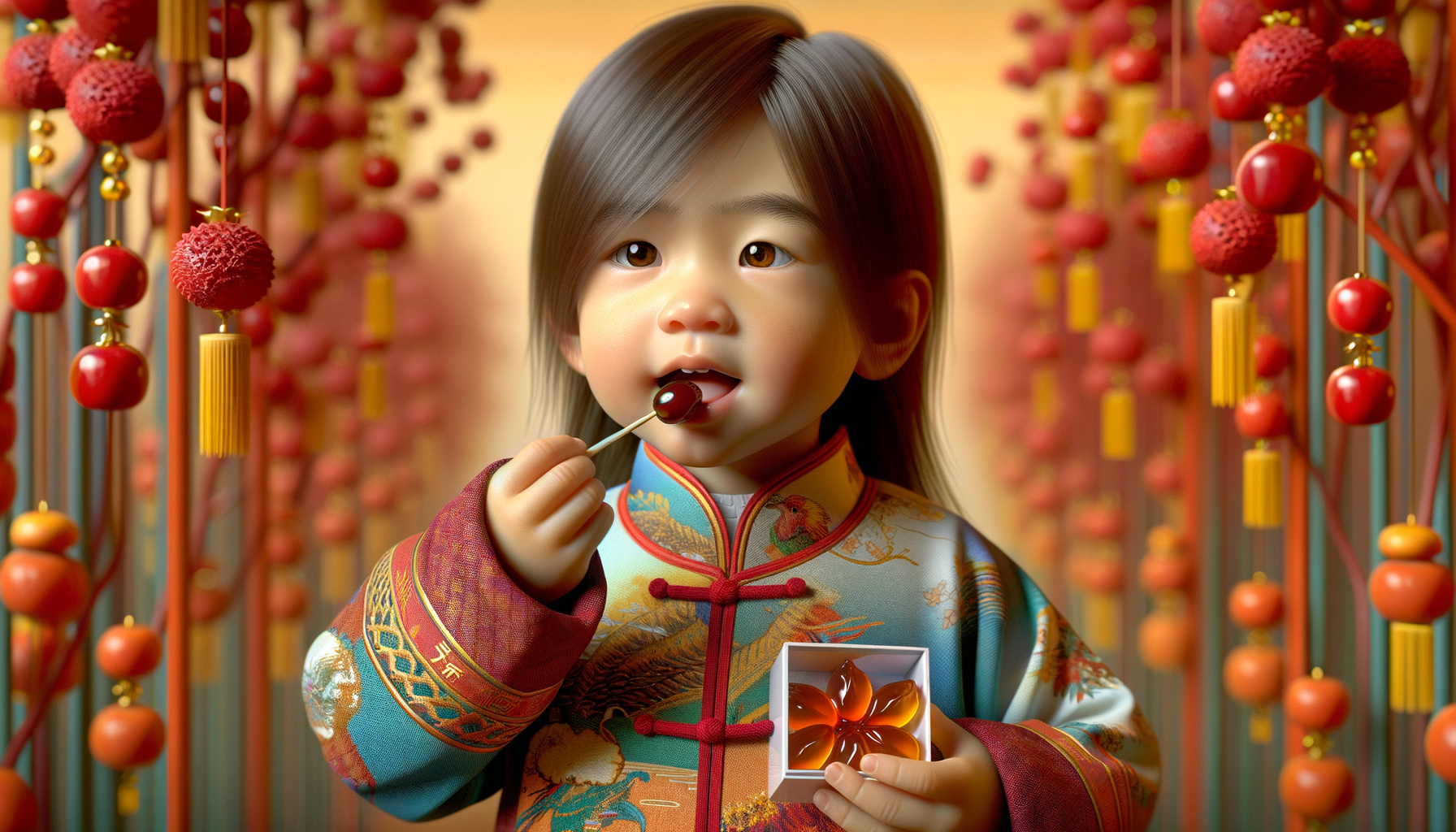 3D风格，一个2岁的长发小男孩，穿着新中式风格的衣服，拿着糖葫芦在吃