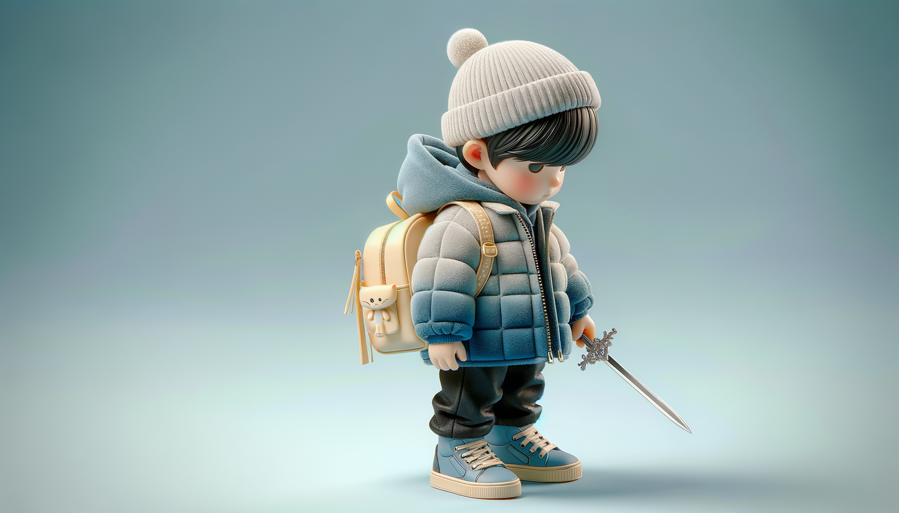 3D风：一个七岁的小男孩，穿着蓝色渐变小方格的羽绒服，黑色裤子，蓝色球鞋，戴着一顶白兔帽，背着一个淡黄色小书包，手里拿着一把银色的塑料玩具剑玩耍