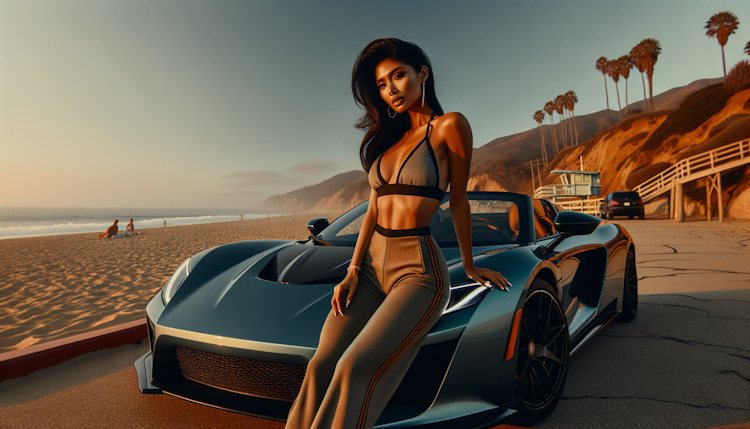 A bikini beautiful girl leans against a sports car on the beach