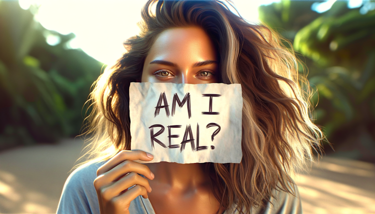 Close-up of a woman with a natural face and hair holding a sheet of paper in front of her face, on the paper is written in handwriting the text "Am I Real?", natural colours, hyper realistic, daylight