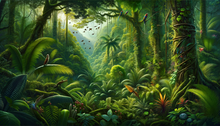 Dense rainforest plants with moderate illustration style