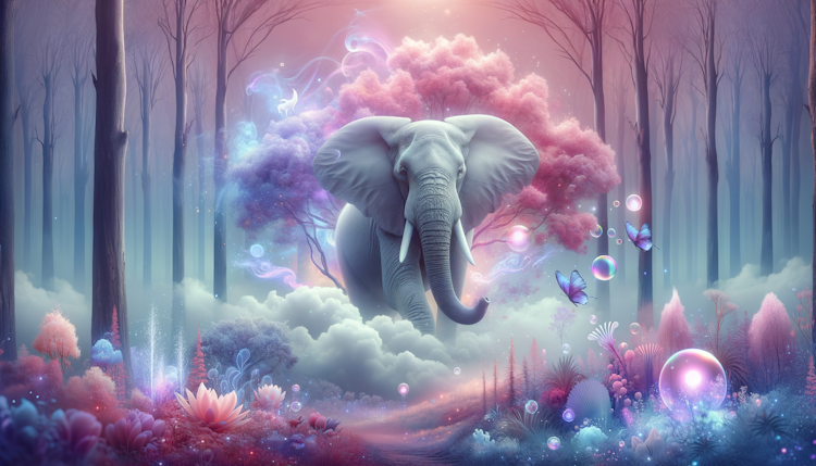 Elephant, forest, fantasy, surrealist wallpaper, pink purple white fantasy color scheme