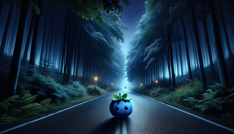 a dark night, a little blue berry cute baby on the road, many trees, no people