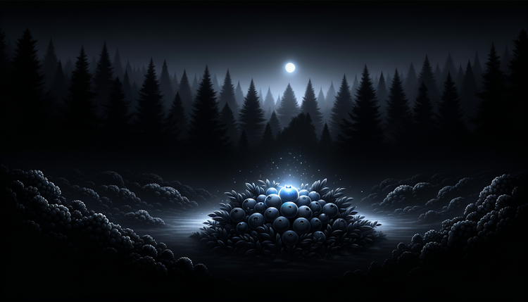 a dark night, a little blueberry is shining, many trees, moon light