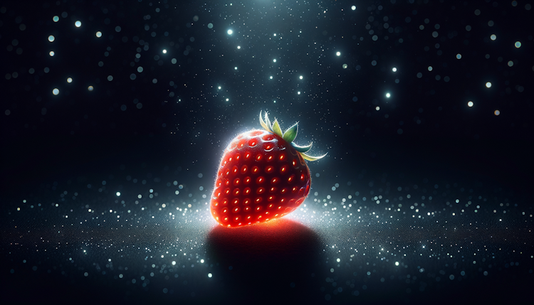 a dark night, a little cute strawberry is shining