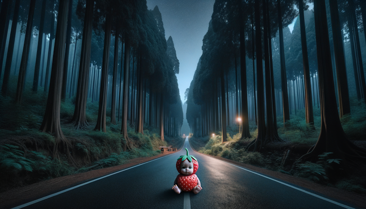a dark night, a little strawberry cute baby on the road, many trees, no people