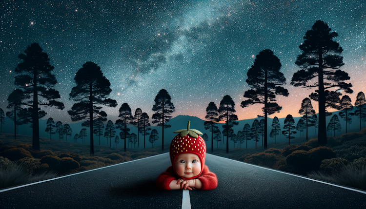 a dark night, a little strawberry cute baby on the road, many trees
