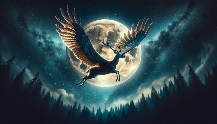 a deer running to Moon with a eagle wings
