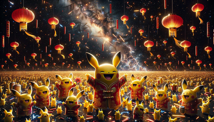 a lot of pikachus celebrateing the chinese new year in outer space(a massive place)