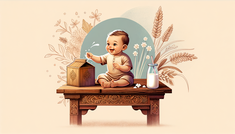 a milk box baby, smile, cute, on wood table