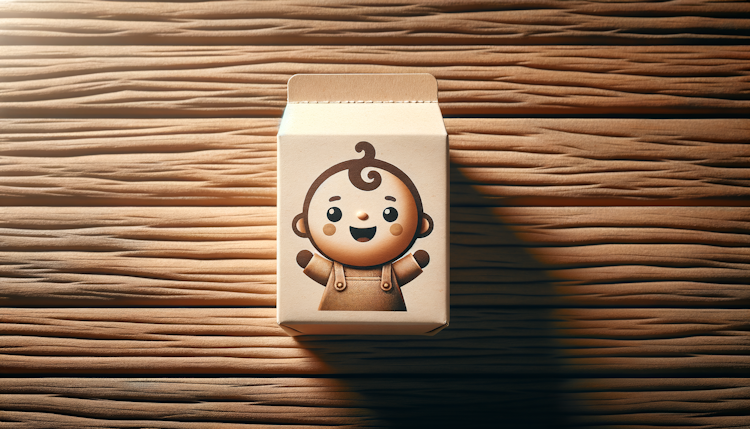 a milk box with smiling baby face, cute, on wood table