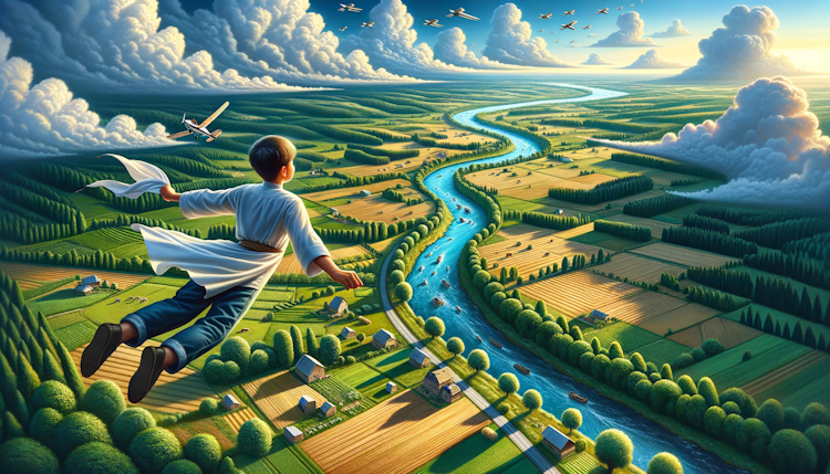 a young boy fly in the sky and eyebird the land, can see the forest, roads, river, hills and farms