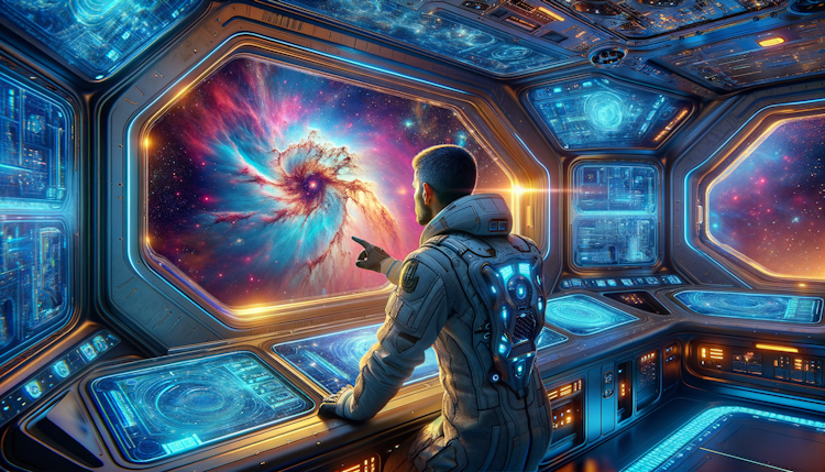 humano futurista dentro de nave espacial delante de una nebulosa