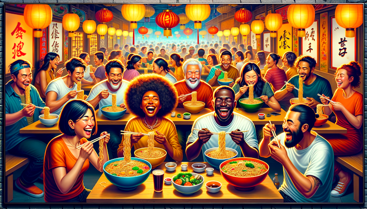 many people eating noodles, Chinese, happy, big bwol