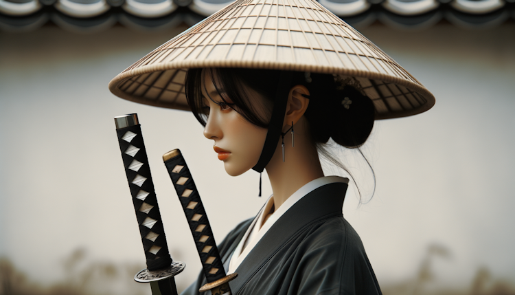 profile face of asian girl is wearing simple conical hat and elegant japanese traditional wear and is holding two razor sharp katana swords while standing in a Heiho Niten Ichi-ryu stance. unflinching calmness in the face of danger. in the style of peter gric, realist fine details, asaf hanuka, nostalgic rural life depictions, frank xavier leyendecker, dynamic balance, close-up, contre jour, light background
