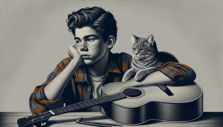 写实风格，趴在肩头的猫，撑头低眉沉思的少年和一把吉他