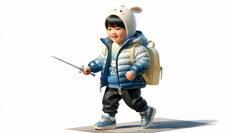 写实风：短头发的六岁小男孩，穿着蓝色渐变小方格的羽绒服，黑色裤子，蓝色球鞋，戴着一顶白兔帽，背着一个淡黄色小书包，手里拿着一把银色的塑料玩具剑，在街边开心玩耍