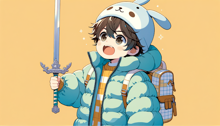 动漫风：一个七岁的小男生，穿着蓝色渐变小方格的羽绒服，戴着一顶兔子帽，背着一只淡黄和白色相间的小黄峰书包，手里拿着一把银色的玩具剑在玩耍
