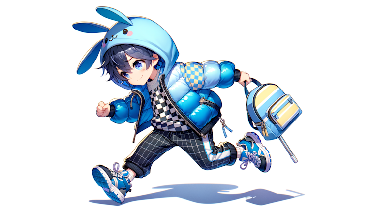 动漫风：一个七岁的小男生，穿着蓝色渐变小方格的羽绒服，黑色裤子，蓝色球鞋，戴着一顶兔子帽，背着一只淡黄和白色相间的小黄峰小书包，手里拿着一把银色的塑料玩具剑在玩耍
