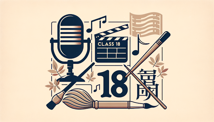 设计一个18班的班级徽章，内容包含播音、导演、音乐、书法四个元素、以及数字18，要求简洁大方，颜色淡雅