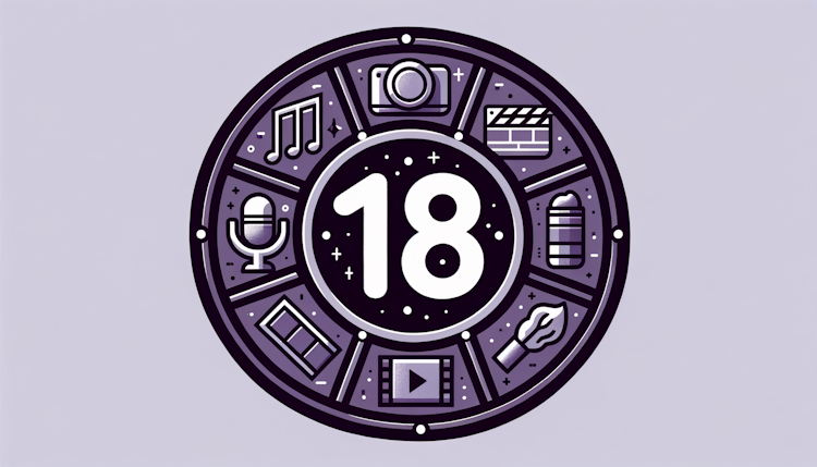 设计圆形徽章，中间是数字18，四周围绕麦克风、音符、电影场记板、毛笔四个图案，简洁大方，紫色渐变