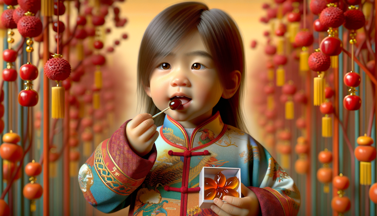3D风格，一个2岁的长发小男孩，穿着新中式风格的衣服，拿着糖葫芦在吃