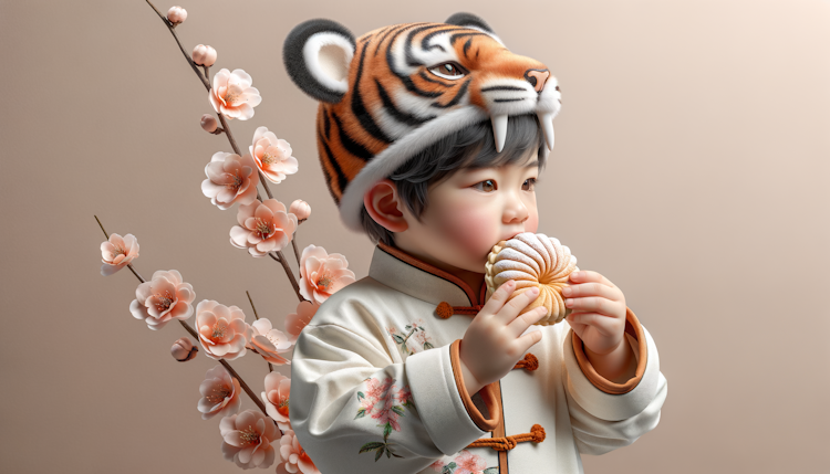 3d风格，一个两岁的小男孩，头戴老虎帽，身穿新中式风的衣服，手里拿着桃花酥在吃